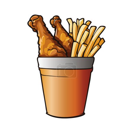 Téléchargez les illustrations : Jambes de poulet frites avec frites dans un seau de dessin animé - en licence libre de droit