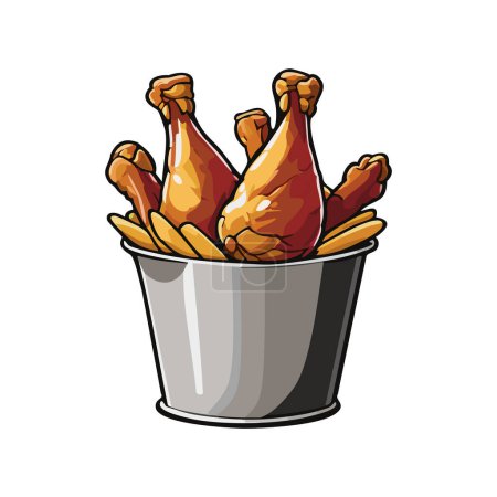 Téléchargez les illustrations : Jambes de poulet frites avec frites dans un seau de dessin animé - en licence libre de droit