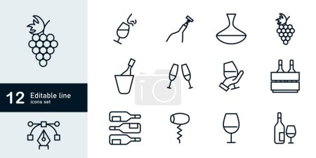 Set of wine vector line icons.	
