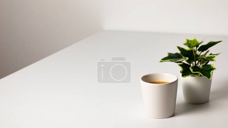 Téléchargez les photos : White cup with a coffee on wooden floor - en image libre de droit