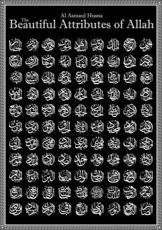Illustration for The beautiful attributes of Allah Al Asmaul Husna black and white design the 99 beautiful names of Allah arabic calligraphic vector design dark background wall poster banner - Royalty Free Image