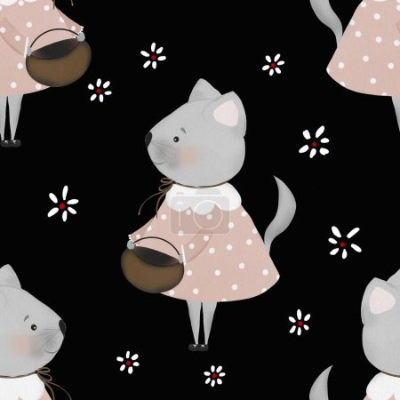Foto de Patrón de repetición sin costuras lindo gatito y flores. minimalismo en estilo retro. utilizado para pruebas de niños, impresión, embalaje - Imagen libre de derechos
