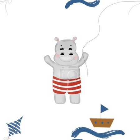 Płynne powtarzanie wzór ładny hipopotam z łodzi i latawca. żeglarski minimalistyczny wzór z hipopotamem z łodzią ratunkową i morzem. wzór dla dzieci tekstyliów, drukowania, pakowania. Wysoka jakość