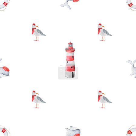 Photo for Cute watercolor background with lighthouse and seagulls and cute whale. Childish seamless pattern.Watercolor nautical illustration on white background of nautical symbols, summer nautical print - Royalty Free Image