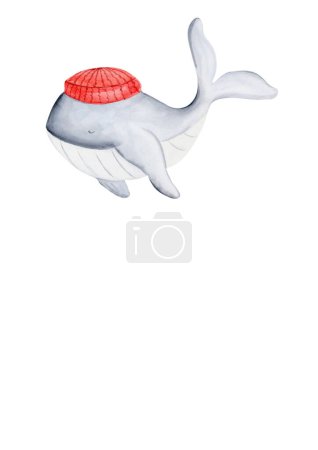 Téléchargez les photos : Caractère aquarelle baleine mignonne en chapeau rouge. personnage mignon pour votre entreprise. autocollant intérieur, autocollant - en image libre de droit