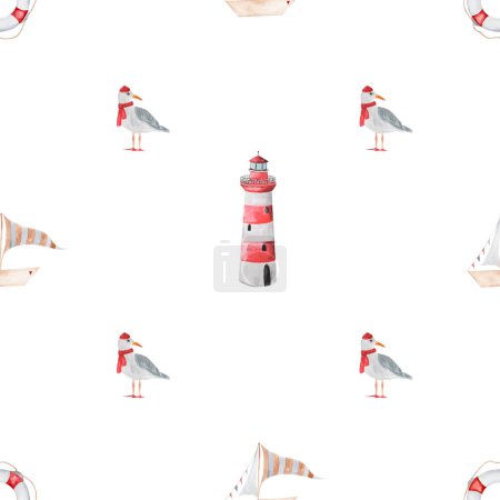 Photo for Cute watercolor background with lighthouse and seagulls and boat and lifeline. Childish seamless pattern.Watercolor nautical illustration on white background of nautical symbols, summer nautical print - Royalty Free Image