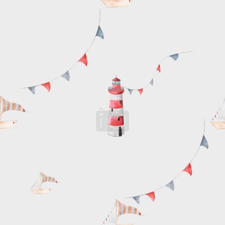 Photo for Cute watercolor background with lighthouse and boat and lifeline. Childish seamless pattern.Watercolor nautical illustration on white background of nautical symbols, summer nautical print - Royalty Free Image