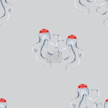 Foto de Patrón sin costuras de acuarela en el tema marino. lindos pulpos de baile en gorras rojas. patrón de niños para textiles, impresión, papel pintado. Foto de alta calidad - Imagen libre de derechos