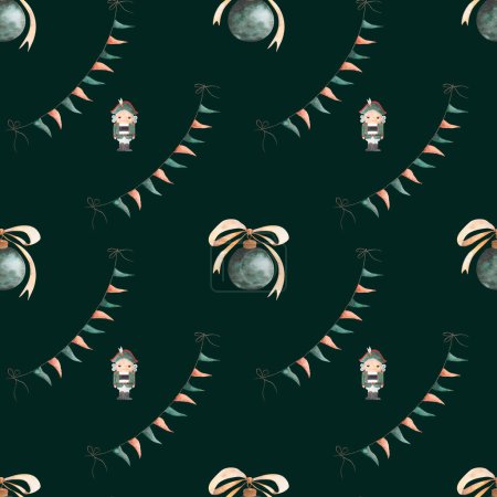 Foto de Acuarela patrón sin costuras cascanueces navidad. cascanueces verdes con juguetes de Navidad, bolas verdes con un lazo. patrón mágico para textiles, para ropa de cama de bebé, scrapbooking, papel de embalaje, mantel - Imagen libre de derechos
