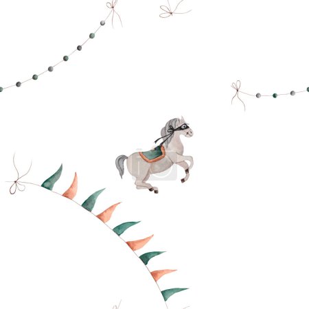 Foto de Acuarela sin costuras patrón caballos y banderas. hermoso patrón elegante para imprimir en telas, papel de envolver, scrapbooking. Foto de alta calidad - Imagen libre de derechos
