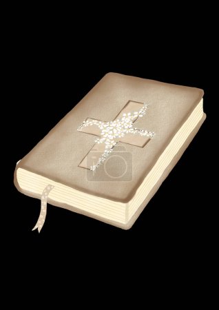 Foto de Ilustración del libro bíblico. dibujo sobre un fondo transparente con una hermosa cruz con flores. para diseñar banners para tarjetas de bautizo de bebés. ilustración de alta calidad - Imagen libre de derechos