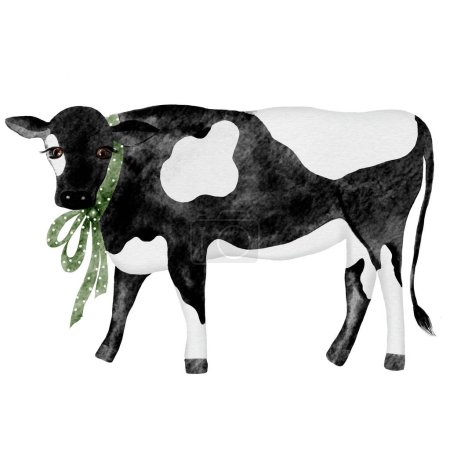 Téléchargez les photos : Dessin aquarelle, vache noire et blanche avec un arc vert. Illustration mignonne pour imprimer sur des cartes éducatives pour enfants, des textiles et de la vaisselle. Pour affiches et autocollants pour garçons et filles. Haut - en image libre de droit