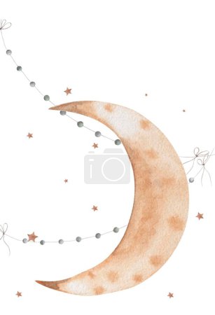 Foto de Acuarela luna mes estrellas y guirnaldas. Tarjeta confeccionada para su diseño con la fase lunar en un estilo elegante. Para invitaciones y folletos - Imagen libre de derechos