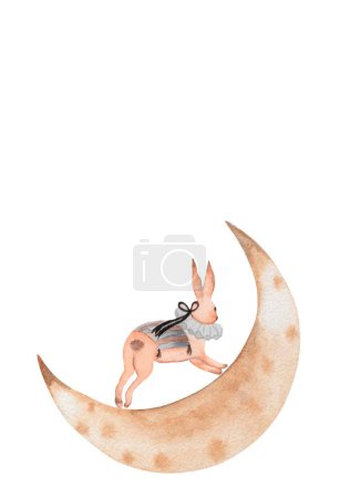 Téléchargez les photos : Modèle de carte postale aquarelle lièvre et mois lunaire dans un style vintage. Lapin rétro mignon pour la conception de cartes et d'invitations pour les vacances et les baby shower - en image libre de droit