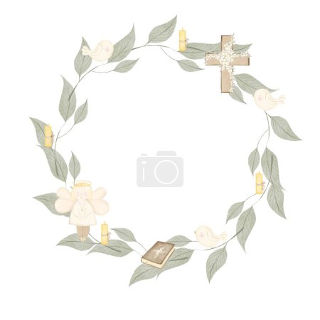 Round frame with an angel and branches with birds. Watercolor wreath with cute bible and candle designs. For designing cards and invitations for babys christening.