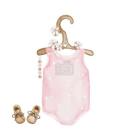 Foto de Dibujo de acuarela de un recién nacido babys rosa body y zapatos pequeños, flores de algodón. Plantilla para la ducha del bebé y las invitaciones de nacimiento. - Imagen libre de derechos
