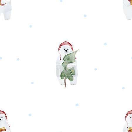 Foto de Patrón sin costuras de acuarela de un lindo oso blanco en un sombrero rojo con un árbol de Navidad. Bonito patrón para imprimir en textiles para niños y papel de envolver. ilustración de alta calidad - Imagen libre de derechos