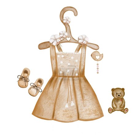 Foto de Conjunto de dibujos en acuarela de botas de vestir para bebé recién nacido, oso de peluche y percha de madera con flores de algodón. Una bonita plantilla para una tarjeta e invitación para un bautismo o cumpleaños - Imagen libre de derechos