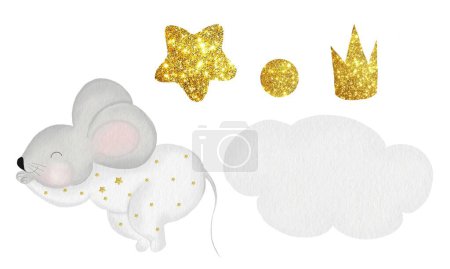Foto de Lindo conjunto de acuarela de un ratón durmiendo en una almohada. Dibujo Kawaii de un bebé para imprimir en postales y tarjetas infantiles. Ilustración en el color del año Peach Fuzz. Alta calidad - Imagen libre de derechos