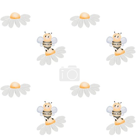 Foto de Patrón sin costuras de acuarela con abejas lindas y flores de manzanilla sobre un fondo blanco. Un bonito diseño para imprimir en textiles para niños. Día del Apicultor y la Miel. ilustración de alta calidad - Imagen libre de derechos