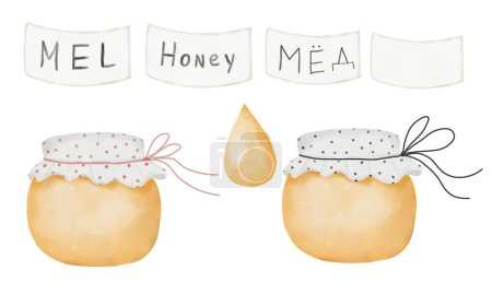 Aquarell illustriertes Set von Bio-Honiggläsern und Etiketten mit Beschriftung. Handgezeichnete Illustration auf isoliertem Hintergrund. Zum Drucken auf Postkarten und Honigspeicherkarten. Hochwertiges Foto