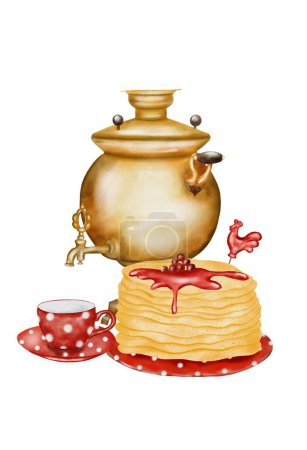 Foto de Plantilla de tarjeta de vacaciones acuarela para Maslenitsa. Amplia Shrovetide hermosa ilustración sobre fondo blanco. Dibujo dibujado a mano de un samovar, panqueques y una taza de té. Piruleta de gallo rojo. Para - Imagen libre de derechos