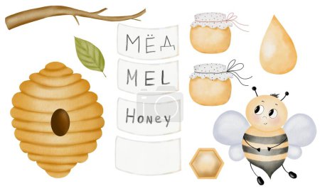 Watercolor set with bees, honey, jars and labels. Complete honey set with hive and drip. For designing cards and banners for a honey store or for childrens learning cards. High quality illustration