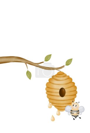 Bee cute watercolor drawing isolate on white background. A beehive and an adorable insect. For designing postcards and tags for honey store. World bee day. High quality illustration