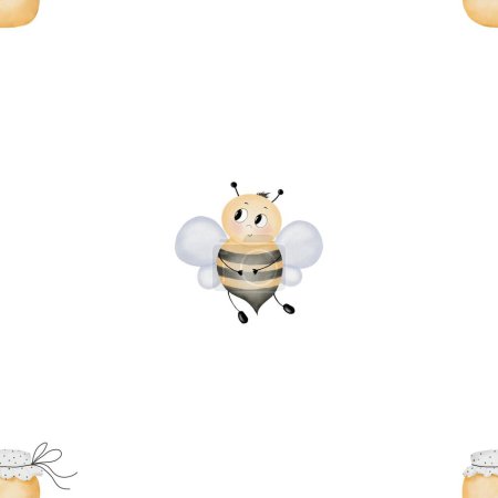 Biene Cartoon Aquarell Muster isoliert auf weißem Hintergrund. Handgezeichnete Zeichnung eines niedlichen Insekts mit einem Glas Honig. Zum Bedrucken von Kindertextilien und Honigverpackungen. Baby