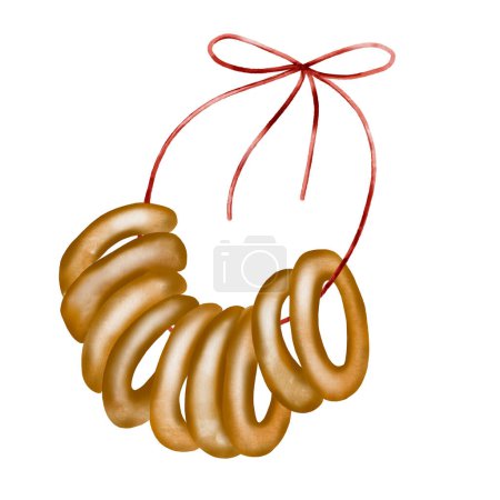 Foto de Un paquete de rosquillas en un dibujo de acuarela de cadena. Ilustración de hornear sobre un fondo blanco aislado. Tradicional ruso redondo rizo de masa dulce. Para el diseño de etiquetas y lsist precio de - Imagen libre de derechos