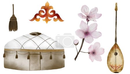 Photo for Nauryz watercolor set on isolated white background. Elements for the Kazakh national holiday of the spring equinox. Yurt and dombra, national pattern and pink cherry flowers. For the design of holiday - Royalty Free Image