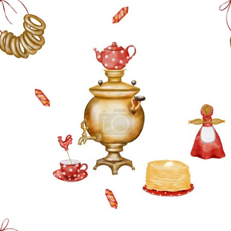 Watercolor seamless pattern on Russian folk theme. Samovar, kettle, pancakes and cup. Lollipop in the shape of a cockerel, bagels and candy. Straw effigy in national costume. For printing on fabrics