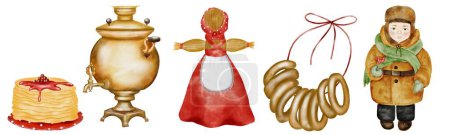 Maslenitsa watercolor set on white isolated background. Hand drawn elements of Russian traditional holiday. Pancakes and a samovar, a straw man and bagels on a rope, a boy with a lollipop. For design