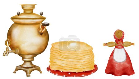 Wide Shrovetide set on isolated white background with samovar, pancakes, straw effigy. Cute traditional national traditional pictures with bagels and teapot. Illustrations for Happy Maslenitsa banners