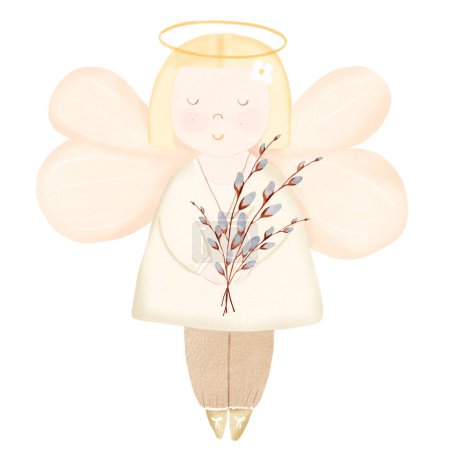 Angel with a bouquet of willow. Watercolor cute drawing isolated on white background. Clip art for cards and invitations for babys baptism, birth and Easter. Cartoon childrens illustration. High
