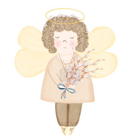 Angel with a bouquet of willow branches and a blue ribbon. Watercolor cute drawing isolated on white background. Clip art for cards and invitations for babys baptism, birth and Easter. Cartoon
