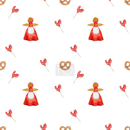 Traditional folk seamless pattern. Watercolor drawing with a straw dummy, a pretzel and a cockerel on a stick. Minimalistic style for kitchen textiles and packaging for fresh baked goods stores. High
