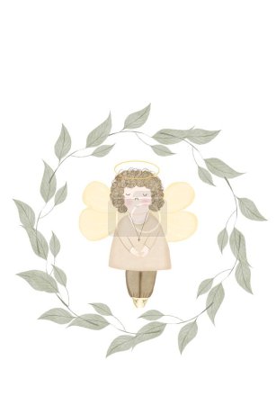 Angel framed by branches. Watercolor card template with cute boy with wings. Round wreath of green branches with leaves. Clip art on a white background for the design of cards for babys baptism