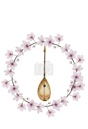 Postkarte für Nauryz oder Novruz. Fertige Schablone-Handzeichnung auf isoliertem weißem Hintergrund mit Kirschblüten im Kreis und einem Dombra in der Mitte. Kasachische Zeichnungen für das neue Jahr