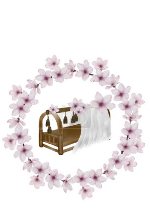 Téléchargez les photos : Modèle de carte postale aquarelle pour Nauryz. Illustration de la fête kazakhe de l'équinoxe de printemps isolé sur un fond blanc. Cadre rond de fleurs de cerisier ou de sakura avec ajout de fleurs nationales - en image libre de droit