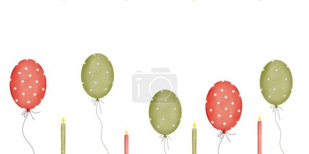 Balloons with candles seamless border. Hand drawn watercolor illustration for baby shower and birthday party on isolated background. Baby drawing for invitations and greeting cards. Bright festive