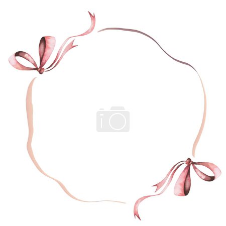 Photo for Frame with watercolor bows. Delicate pink bows and ribbons in a round wreath. Isolated clip art on white background. Round border for decorating cards and invitations for weddings and birthdays. High - Royalty Free Image