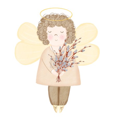 Engel-Aquarell. Handgezeichnete Illustration eines niedlichen Amors mit einem Strauß Weiden auf weißem, isoliertem Hintergrund. Entzückender Putub für Karten und Einladungen zu Taufe, Geburt und Ostern. Hoch