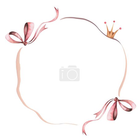 Photo for Frame with bows. Delicate pink bows and ribbons in a round wreath. Isolated clip art on white background. Round border for decorating cards and invitations for weddings and birthdays. High quality - Royalty Free Image
