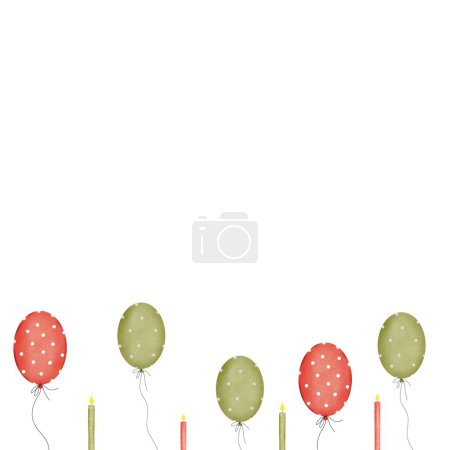 Balloons with candles postcard template. Hand drawn watercolor illustration for baby shower and birthday party on isolated background. Baby drawing for invitations and greeting cards. Bright festive