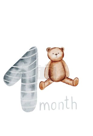 Baby card watercolor illustration with number 1. Cute metric hand drawing with birth month and teddy bear. Clip art isolated on white background. For newborns up to one year in Scandinavian style