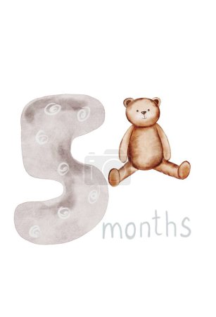 Childrens Monthly Milestone Card. Baby card watercolor illustration with number 5. Cute metric hand drawing with birth month and teddy bear. Clip art isolated on white background. For newborns up to