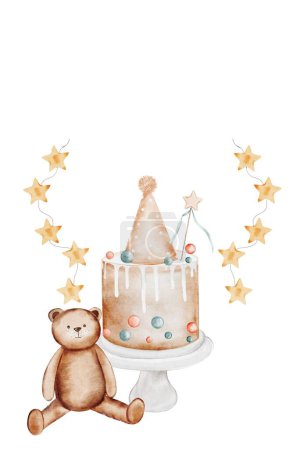 Photo for Watercolor birthday card with teddy bear and cake. Ready postcard for the holiday. In pastel colors on an isolated white background. Ideal for greeting card and invitations. High quality illustration - Royalty Free Image