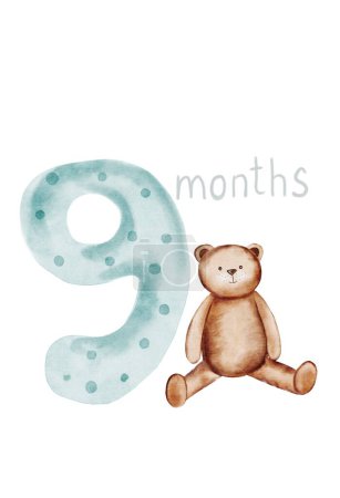 Carte Baby months avec numéro 9.Mignon dessin à la main métrique avec mois de naissance et ours en peluche. Clip art isolé sur fond blanc. Pour les nouveau-nés jusqu'à un an dans le style boho. Jalon mensuel pour les enfants