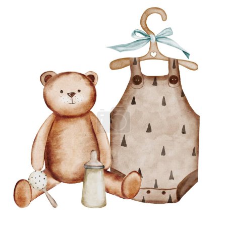Photo for Baby shower watercolor invitation card. Composition of childrens clothes on a hanger, a teddy bear and a bottle of rattle. Ideal for baby shower cards, clothing store tags, logos. High quality - Royalty Free Image